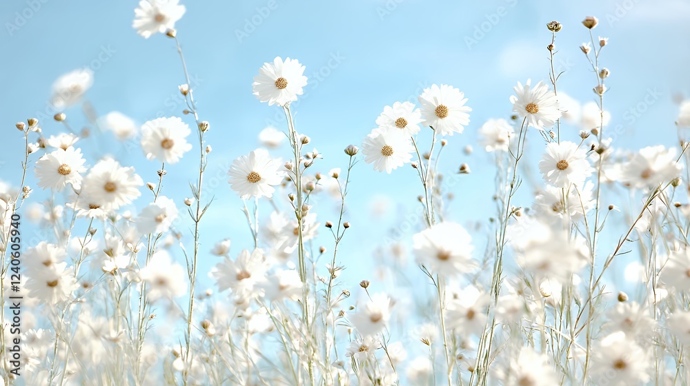 White cosmos flowers field, sunny sky, idyllic nature scene, perfect for greeting cards White cosmos flowers field, sunny sky, idyllic nature scene, perfect for greeting cards