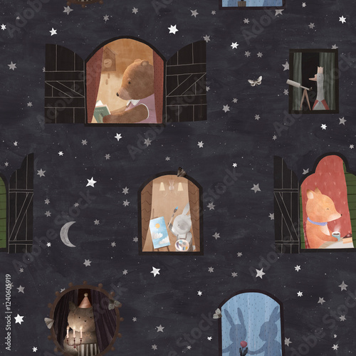 Evening, starry sky, windows with shutters, animals going about their business. Watercolor illustration. Cute seamless pattern.
