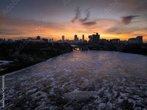 Aerial view of beautiful cityscape with Charles River and iconic Prudential and John Hancock buildings at sunset, Boston, United States. photo