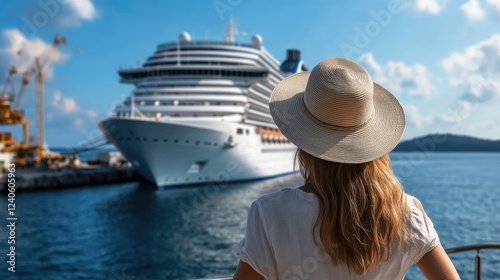 A woman with long hair in a sunhat joyfully waves at a massive cruise ship docked in a picturesque harbor under blue skies