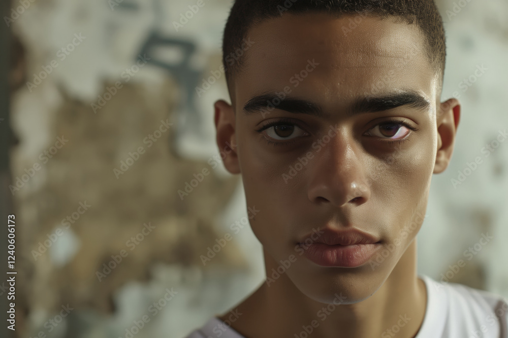 Close-up portrait of a young man with deep brown eyes and smooth skin in a moody setting Close-up portrait of a young man with deep brown eyes and smooth skin in a moody setting