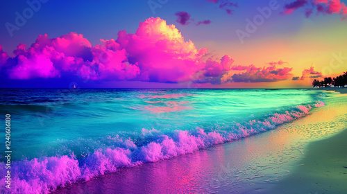 Vibrant sunset hues paint a tropical beach scene, waves gently lapping the shore.