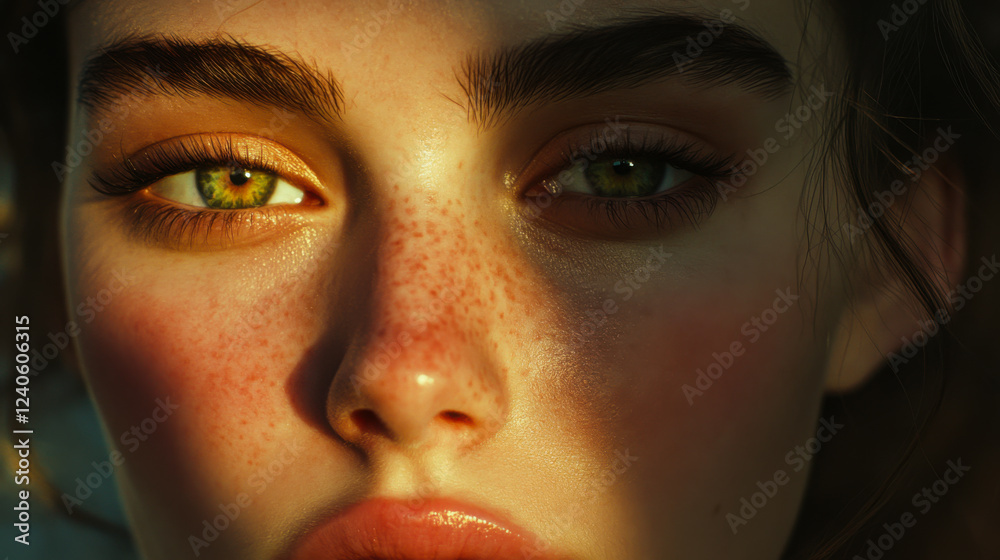 Fototapeta premium Close-up portrait of a person with striking green eyes illuminated by golden sunset light