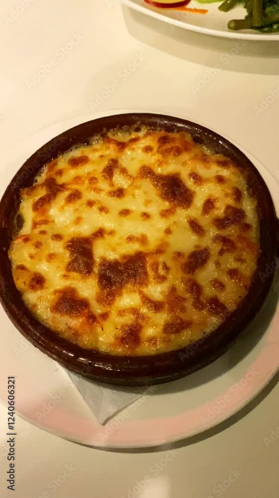 Traditional Moroccan dish from potatoes and cheese called Pasticcio. Fes, Morocco. Vertical Traditional Moroccan dish from potatoes and cheese called Pasticcio. Fes, Morocco. Vertical