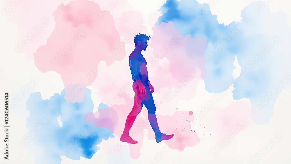 Watercolor painting featuring a vivid male silhouette with bold, expressive watercolor textures, blending into an abstract and modern artistic composition.