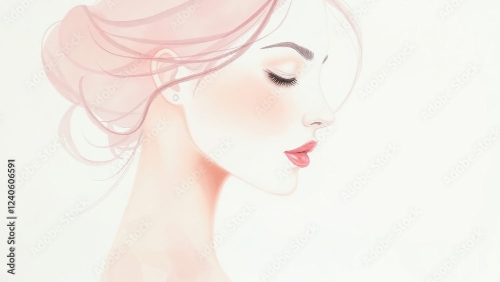 Delicate watercolor painting of a soft, ethereal female portrait in profile,highlighting the subject's serene expression. Delicate watercolor painting of a soft, ethereal female portrait in profile,highlighting the subject's serene expression.