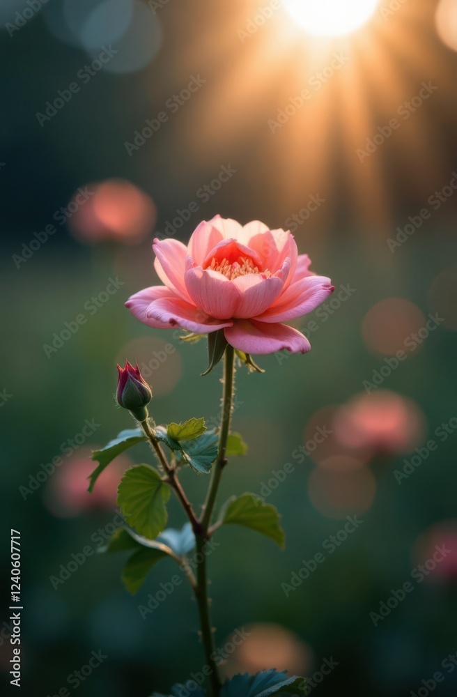 Pink rose blooming in warm sunlight with blurred background Pink rose blooming in warm sunlight with blurred background