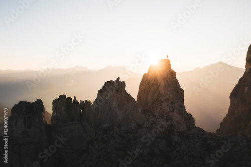 Aerial view of sunset over Pierre Avoi with majestic mountains and rugged rock formations, Verbier, Switzerland. photo