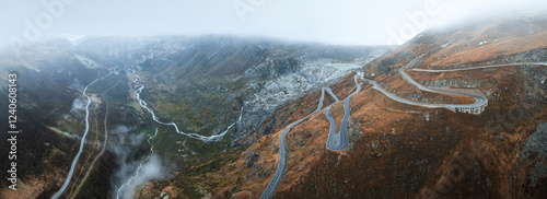 Aerial view of Furka pass with winding road and majestic glacier, Oberwald, Switzerland. photo