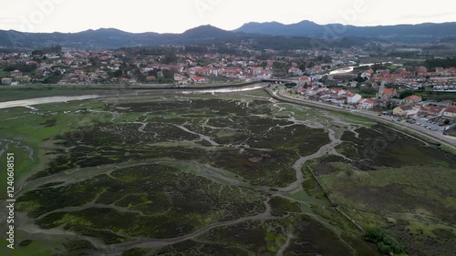 Aerial view of scenic Ramallosa Marshes with lush greenery and a river, Nigran, Spain. photo