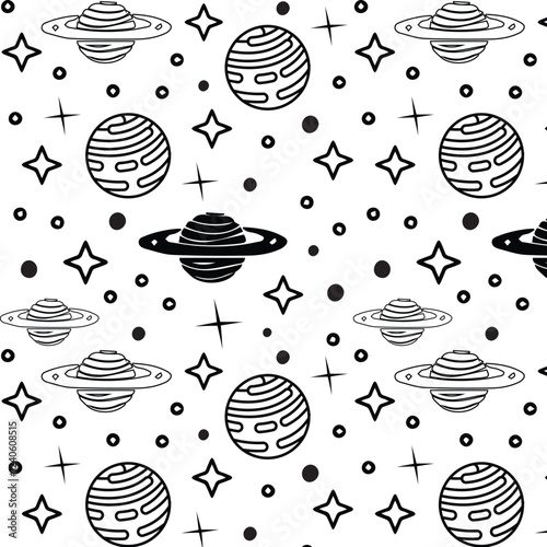 Black and white seamless pattern with planets, stars and constellations