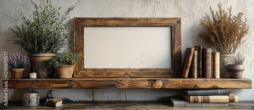 Black vertical photo frame displayed on a wooden shelf alongside books, a plant, and an unobstructed background photo