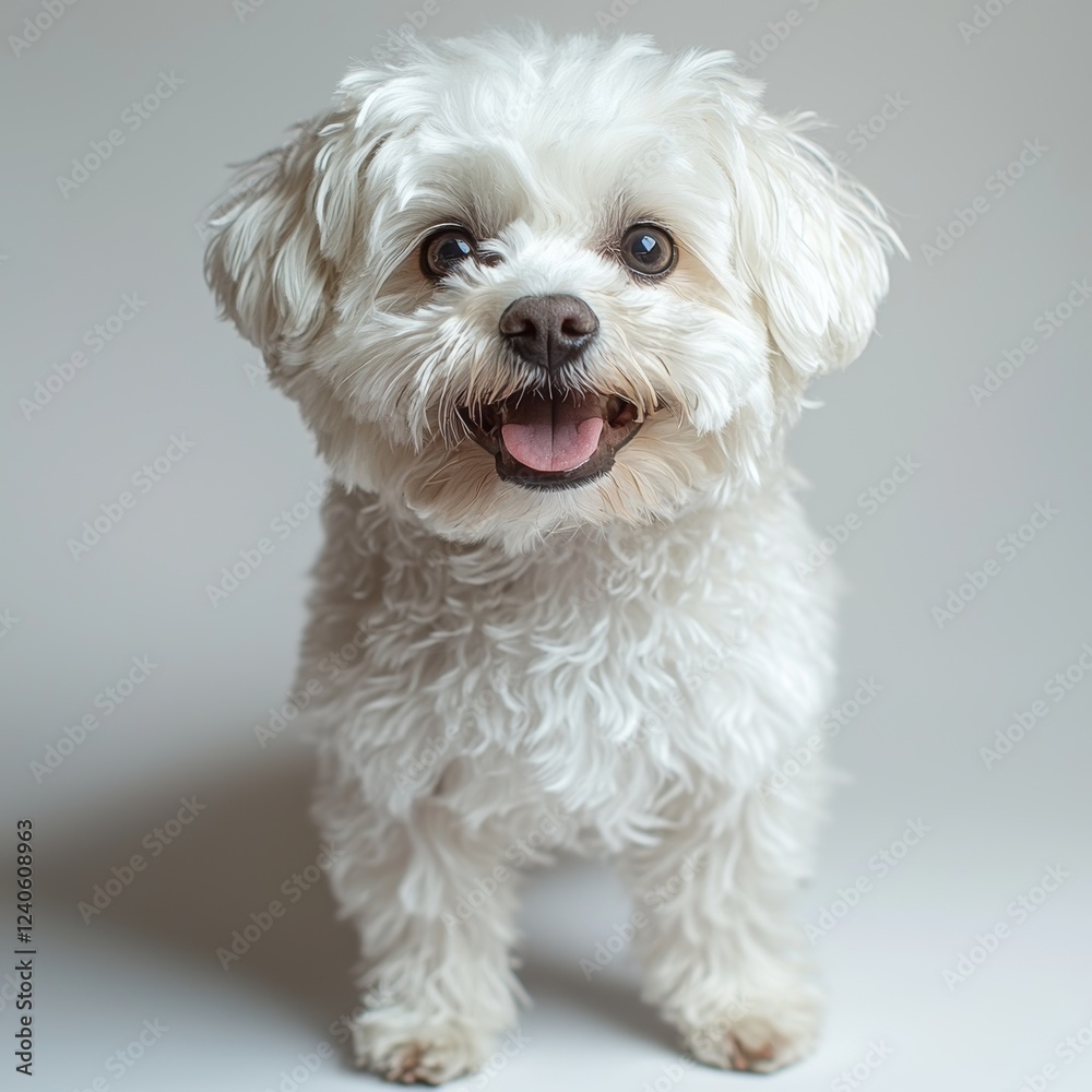 A cheerful little Bichon puppy walks along, with its tongue out and panting A cheerful little Bichon puppy walks along, with its tongue out and panting