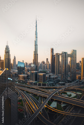 Aerial view of burj khalifa skyline with modern skyscrapers and busy highway at sunset, Dubai, United Arab Emirates.