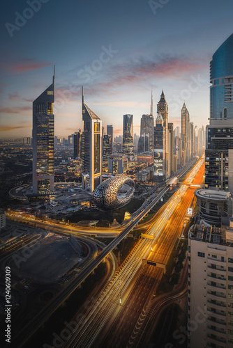Dubai, United Arab Emirates - 17 February 2022: Aerial view of museum of the future at night with beautiful cityscape and modern skyscrapers, Dubai, United Arab Emirates.