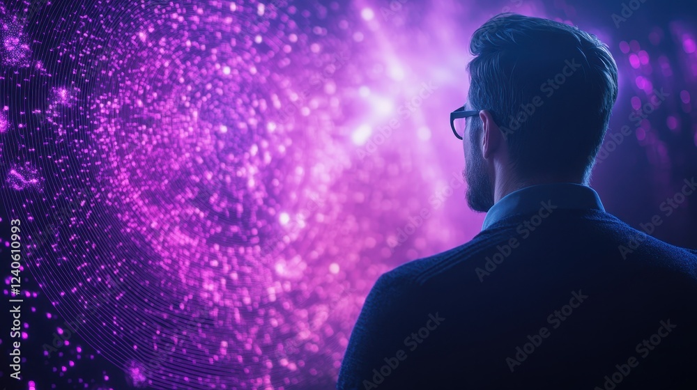 A contemplative figure gazes into a vibrant, cosmic scene filled with purple and sparkling elements, evoking a sense of wonder and exploration. A contemplative figure gazes into a vibrant, cosmic scene filled with purple and sparkling elements, evoking a sense of wonder and exploration.