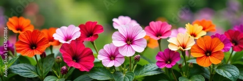 Multicolored petunias in a garden scene on a colorful postcard, postcard, flowers