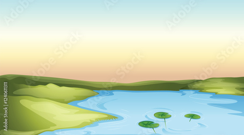 Beautiful vector illustration of a landscape, green meadows, fields, trees and mountains. Beautiful landscape of mountains, forests and meadows at sunset. Beautiful landscape for print and design.
