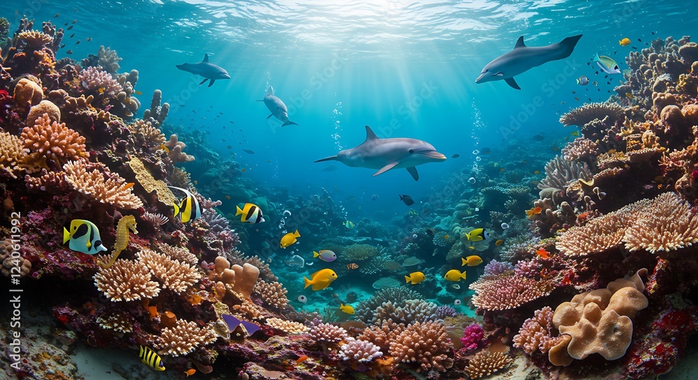 Fototapeta premium A vibrant coral reef teeming with life, featuring colorful fish, seahorses, and playful dolphins.