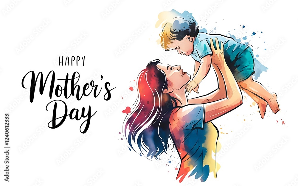 Watercolor Happy Mother's Day Illustration with Loving Mom and Child . Watercolor Happy Mother's Day Illustration with Loving Mom and Child .