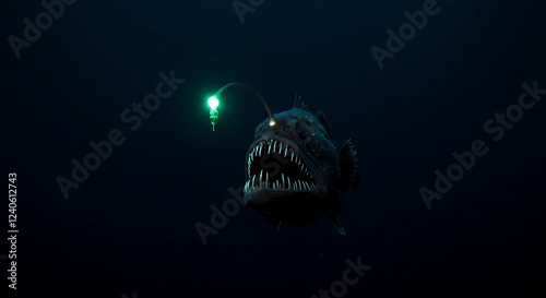 A terrifying anglerfish with sharp teeth dangles its glowing lure in the pitch-black ocean. photo