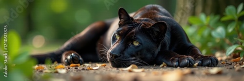 Panther stretched out on the ground in a languid pose, peaceful, relaxation
