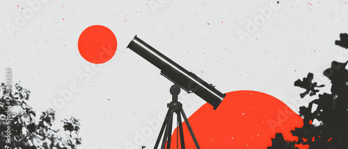Minimalist collage featuring a brass telescope viewing a geometric landscape with flowers