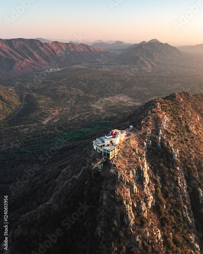 Aerial view of serene and majestic Shree Savitri Mata Temple on a hilltop with picturesque rocky terrain, Pushkar, Rajasthan, India. photo