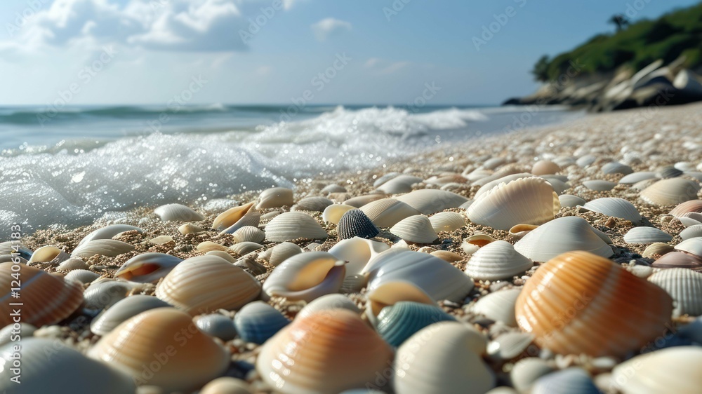 Close up of a sandy beach covered with various sea shells Close up of a sandy beach covered with various sea shells