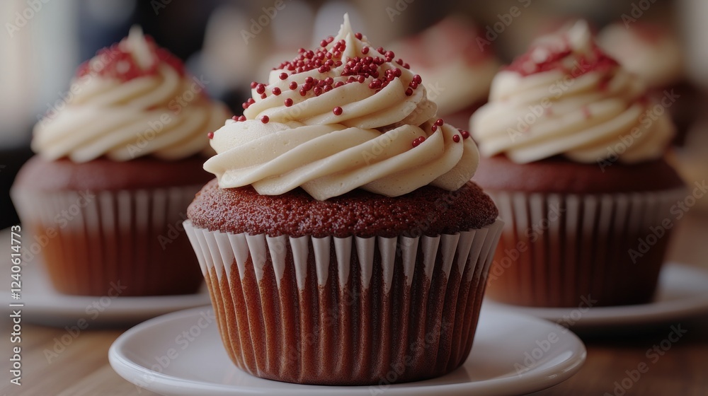 Red velvet cupcakes bakery display close-up Red velvet cupcakes bakery display close-up