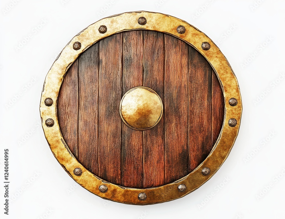 Fototapeta premium Wooden shield, gold rim, isolated, studio, defense