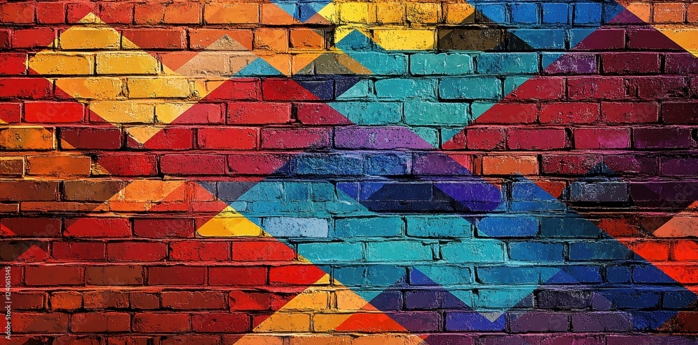 Colorful Geometric Pattern on Brick Wall