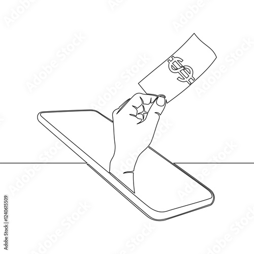 Continuous one single line drawing Hand Emerges from a Smartphone with a Dollar Bill icon vector illustration concept