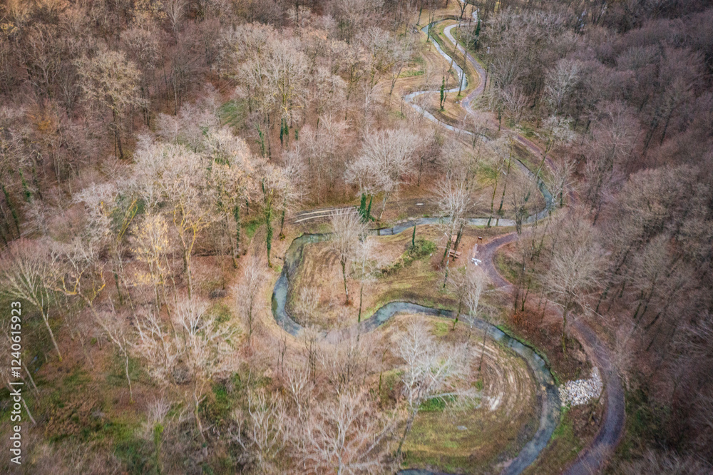 custom made wallpaper toronto digitalAerial view of serene forest with a winding road and trees, Zapresic, Croatia.