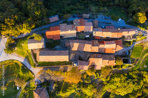 Aerial view of a picturesque village with charming homes and rustic rooftops surrounded by serene greenery and forest, Buzet, Croatia. photo