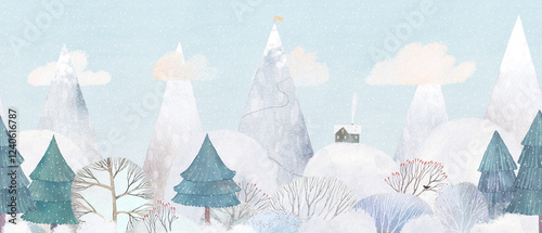Wallpaper Mural Winter watercolor landscape. Winter forest, snowy hills and high mountains. Torontodigital.ca