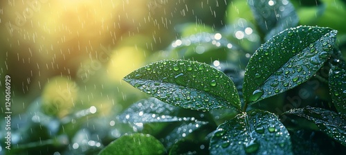 Leaves of green with a rainy texture behind