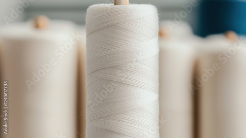 Cotton Industrial Production Concept, Close-Up of Cotton Bobbin with Winding Threads, Ideal for Textile and Sewing Projects