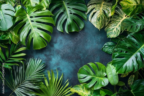 tropical leaves framed in white, abstract green leaves, set against a natural green background