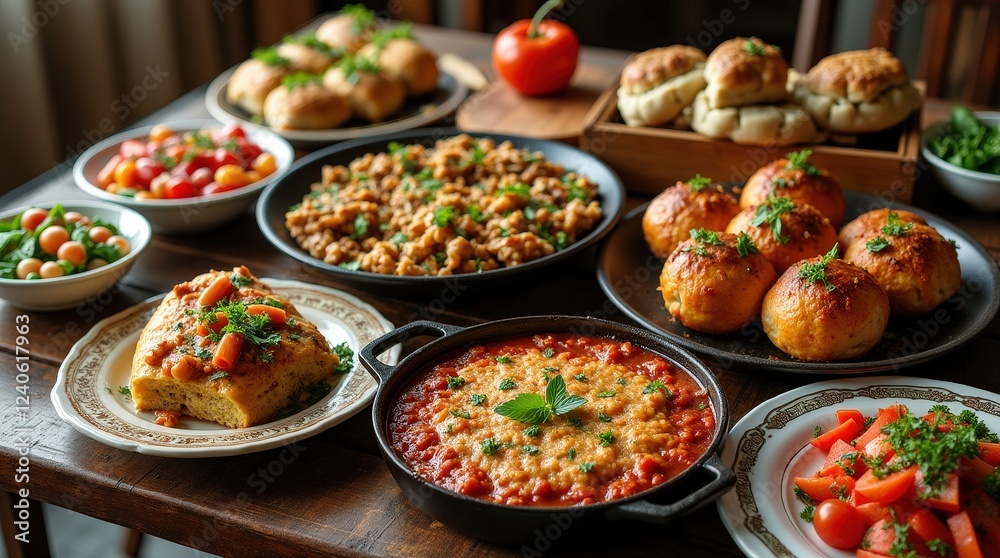 Delightful Bulgarian feast with traditional dishes on rustic wooden table Delightful Bulgarian feast with traditional dishes on rustic wooden table