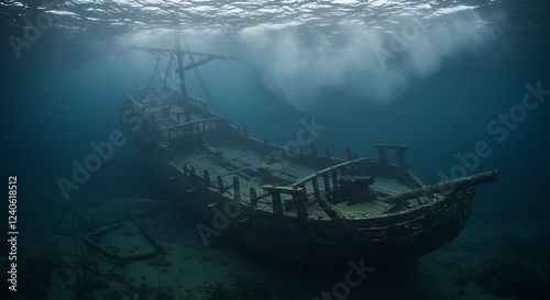 A sunken pirate ship shrouded in darkness, surrounded by eerie sea fog.