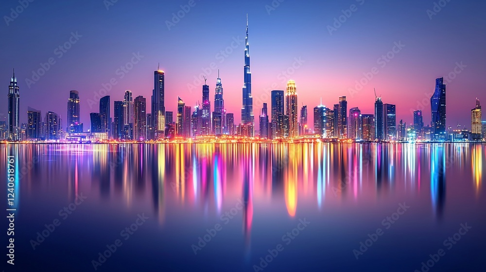 Obraz premium Dubai skyline twilight, colorful city reflection, urban waterfront, night cityscape, travel poster