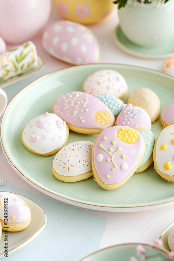 Easter cookies, on a green plate with colorful glazing, a pastel dining table setting. Easter cookies, on a green plate with colorful glazing, a pastel dining table setting.