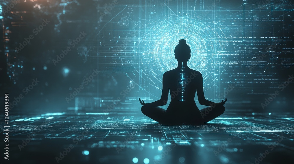 Serene Meditation with Futuristic Digital Background Concepts Serene Meditation with Futuristic Digital Background Concepts