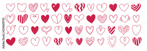 Cute simple doodle hearts sketch set. Different hand drawn heart icon love collection isolated on white background. Red heart symbol for Valentines Day