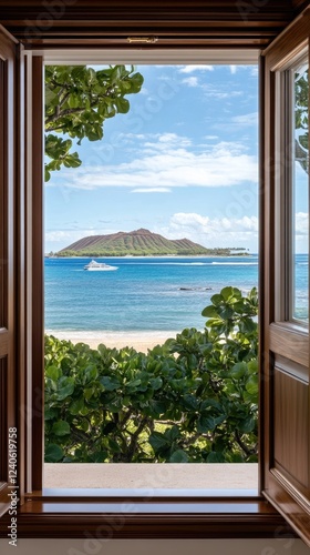 Circular windows offer a stunning view of the coastal landscape, showcasing mountains and a peaceful shoreline under a clear sky