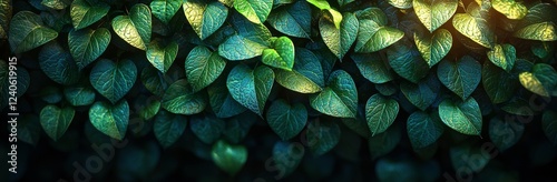 A mesmerizing panorama featuring a lush green leaf texture, set against a dark green background with vibrant tropical leaf foliage