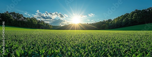 The sun kisses a gorgeous green lawn that spills into the heavens, showcasing a canvas of blue and the gentlest of clouds on the horizon