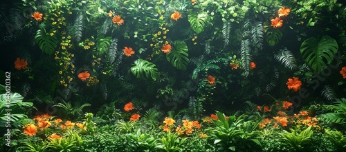 Creative nature with a green background, featuring a tropical leaf banner or a floral jungle pattern concept
