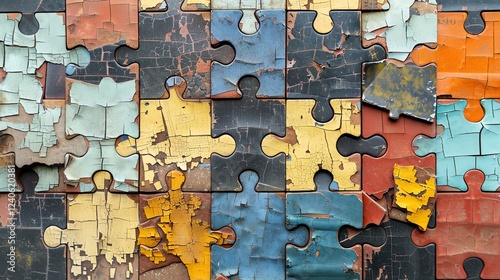 Fitting the pieces together. Weathered puzzle pieces in bright colors come together to form a complete picture.